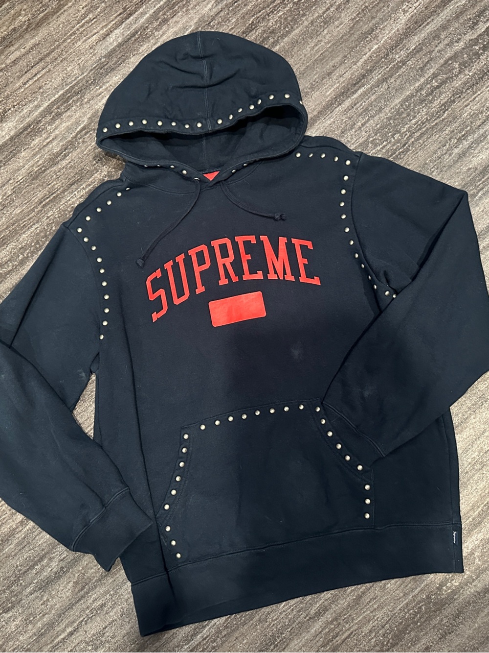 SUPREME Navy Hoodie with Red Logo and Stud Detail
